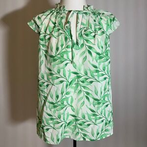 NWT First Love Green Tropical Leaf Print Flutter Sleeve Blouse Womens Size Small
